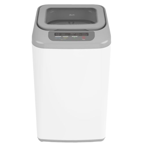 Compact white portable top-load washer with gray lid and digital control panel for small space laundry needs