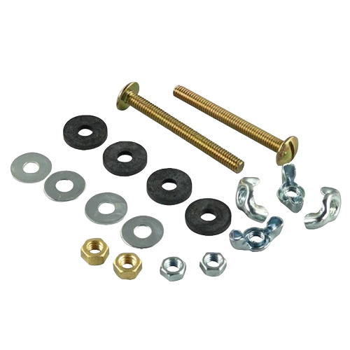 Set of bolts, washers, nuts, and wing nuts for plumbing parts and toilet repair hardware collections