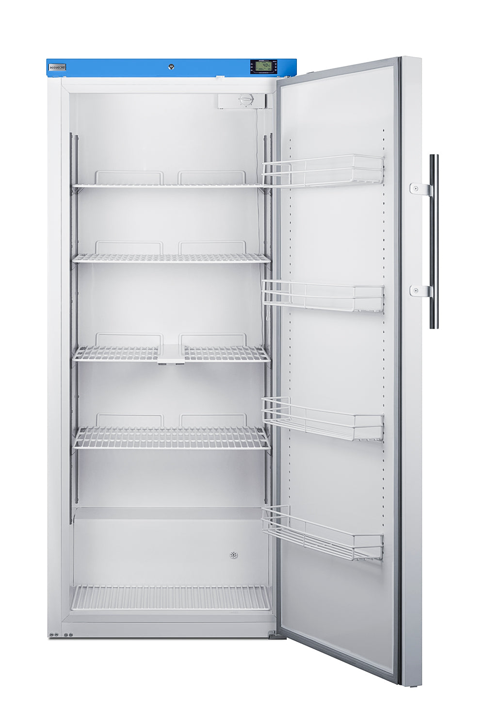 Open upright manual defrost refrigerator with wire shelves and door racks for laboratory and kitchen appliance collections
