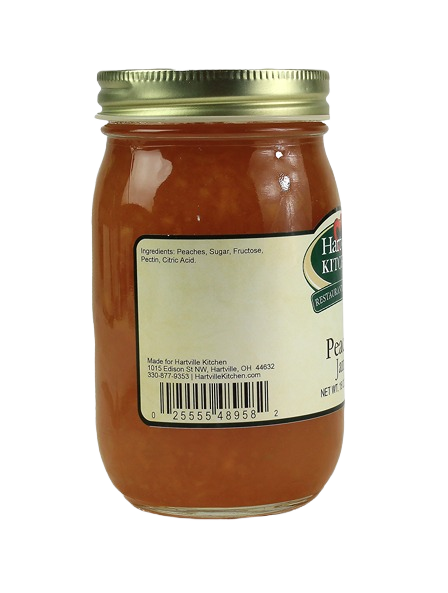 Jar of Hartville Kitchen peach jam showing ingredients and barcode from jams & jellies and food & beverage collections