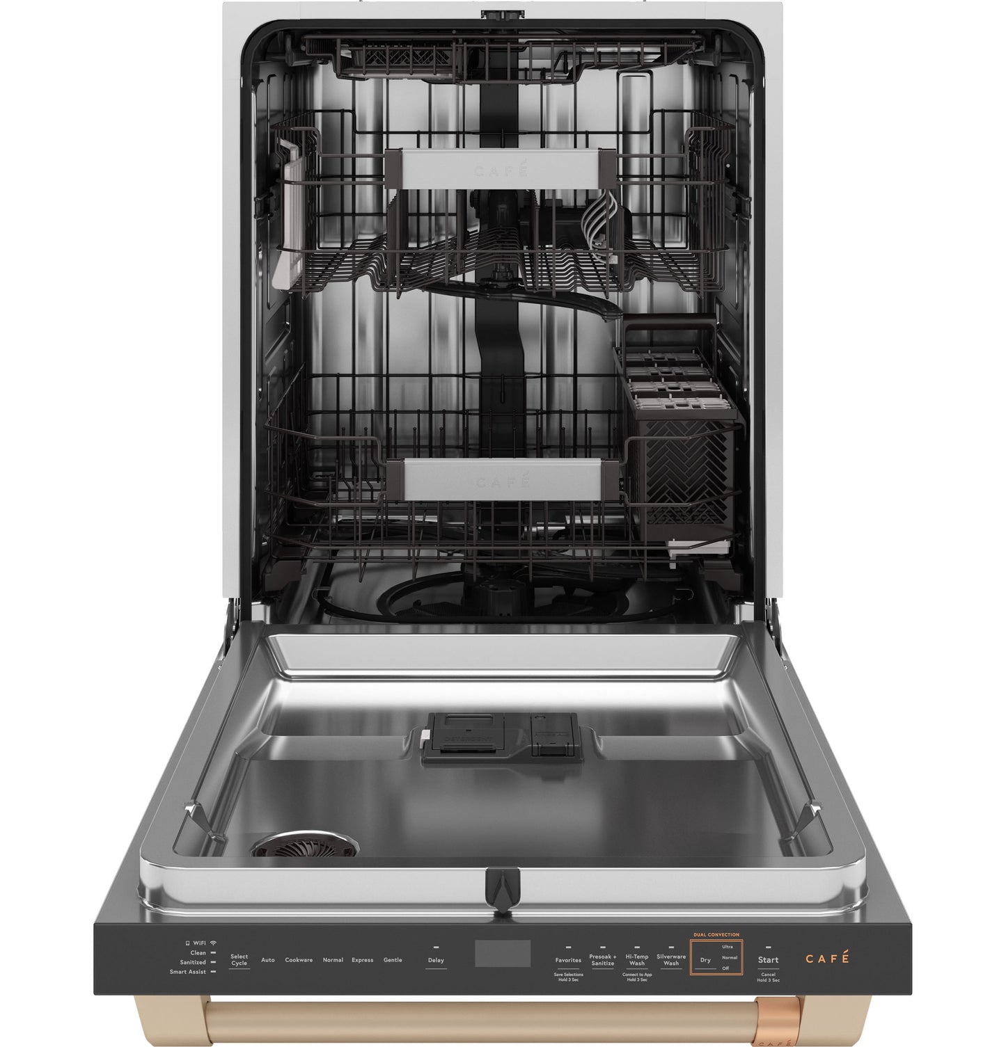 Open stainless steel smart dishwasher interior showing Ultra Wash Top Rack and utensil holder from built-in dishwashers collection