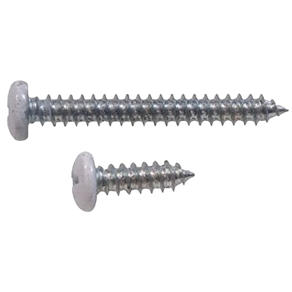 Two white finish screws with threaded metal shafts for shelf bracket installation in storage and organization projects