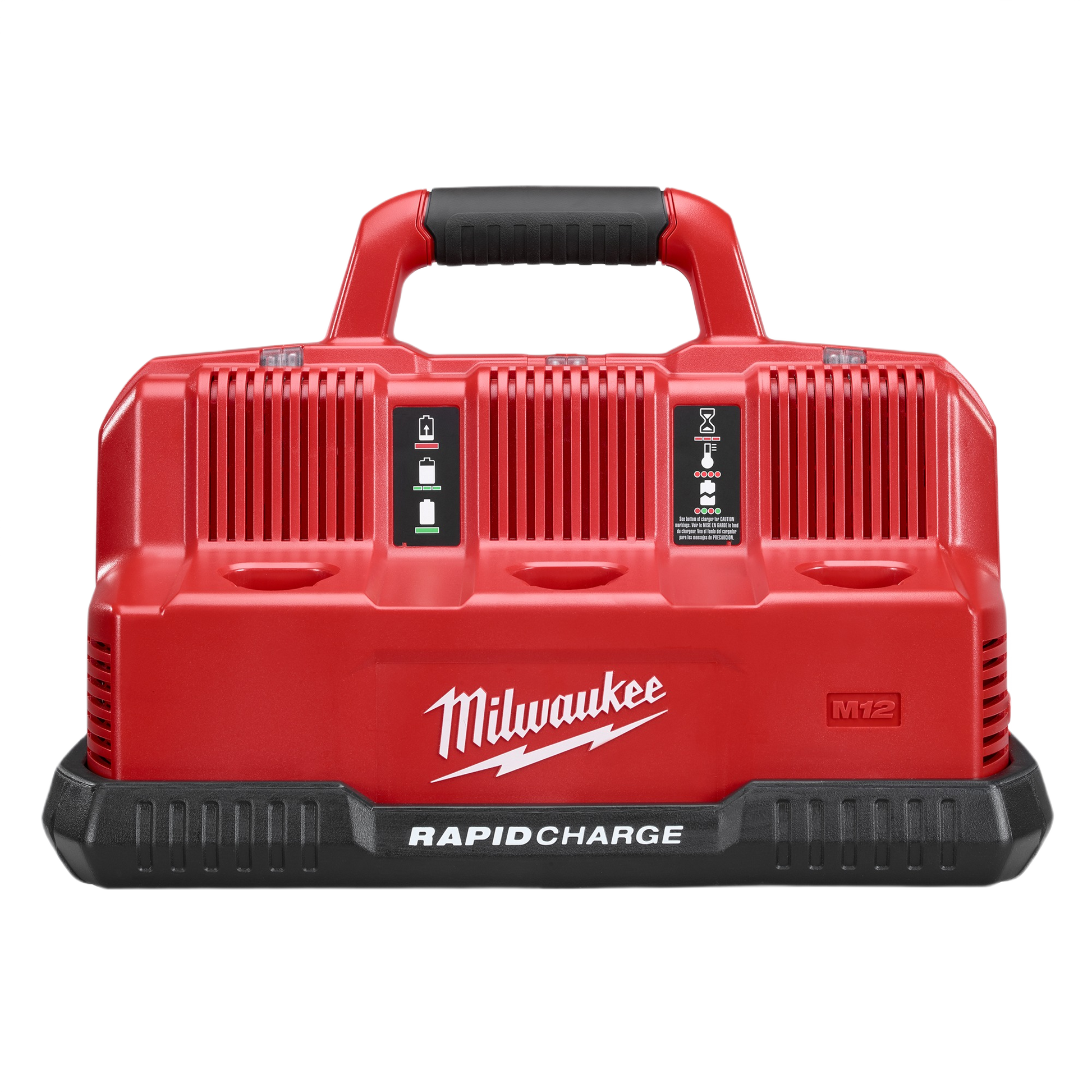 Red Milwaukee rapid charging station with handle for charging multiple batteries in power tool accessories collection