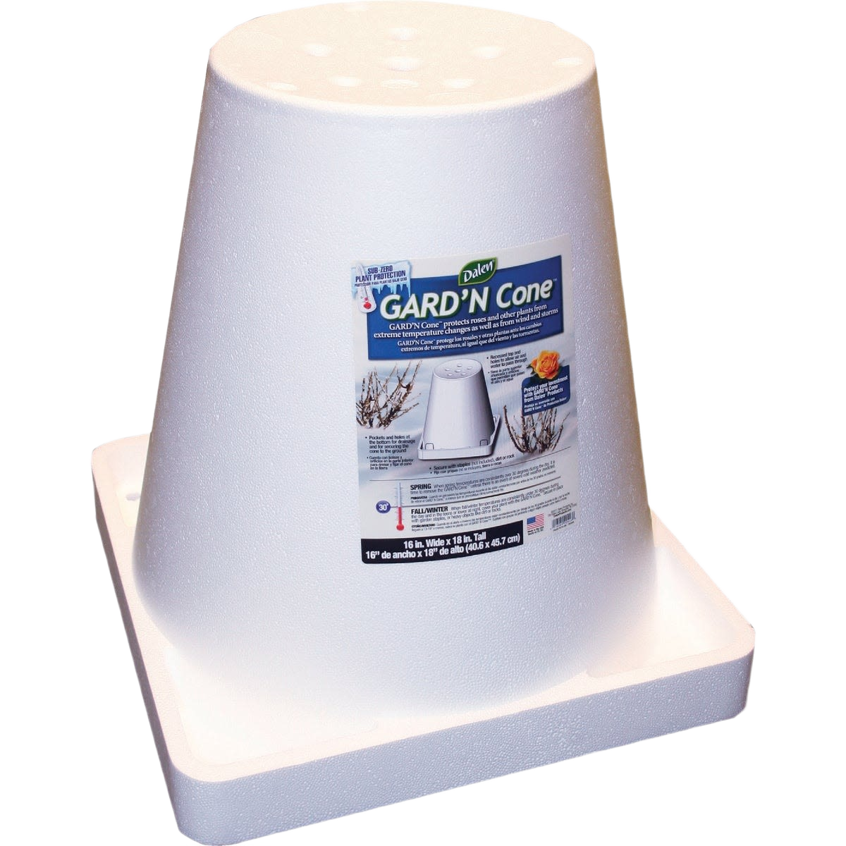 White styrofoam cone with drainage holes and base tray for protecting plants during cold weather in home improvement tasks