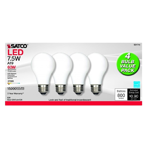 4-pack of 7.5 watt A19 LED soft white bulbs with medium base for energy-efficient lighting under $50
