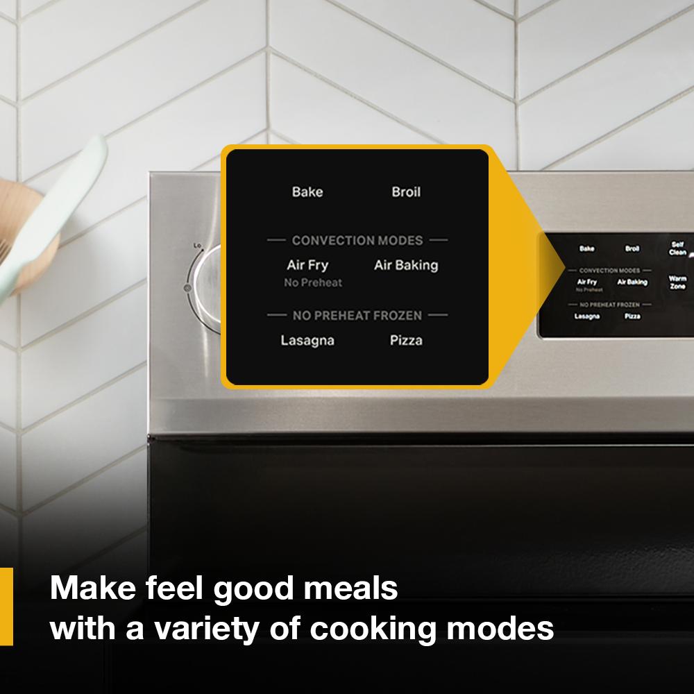 Close-up of electric range control panel showing convection modes like Air Fry, Air Baking, and no preheat frozen options