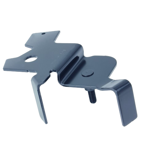 Black metal idler arm component with mounting hole and attached bolt in automotive parts and John Deere accessories collection