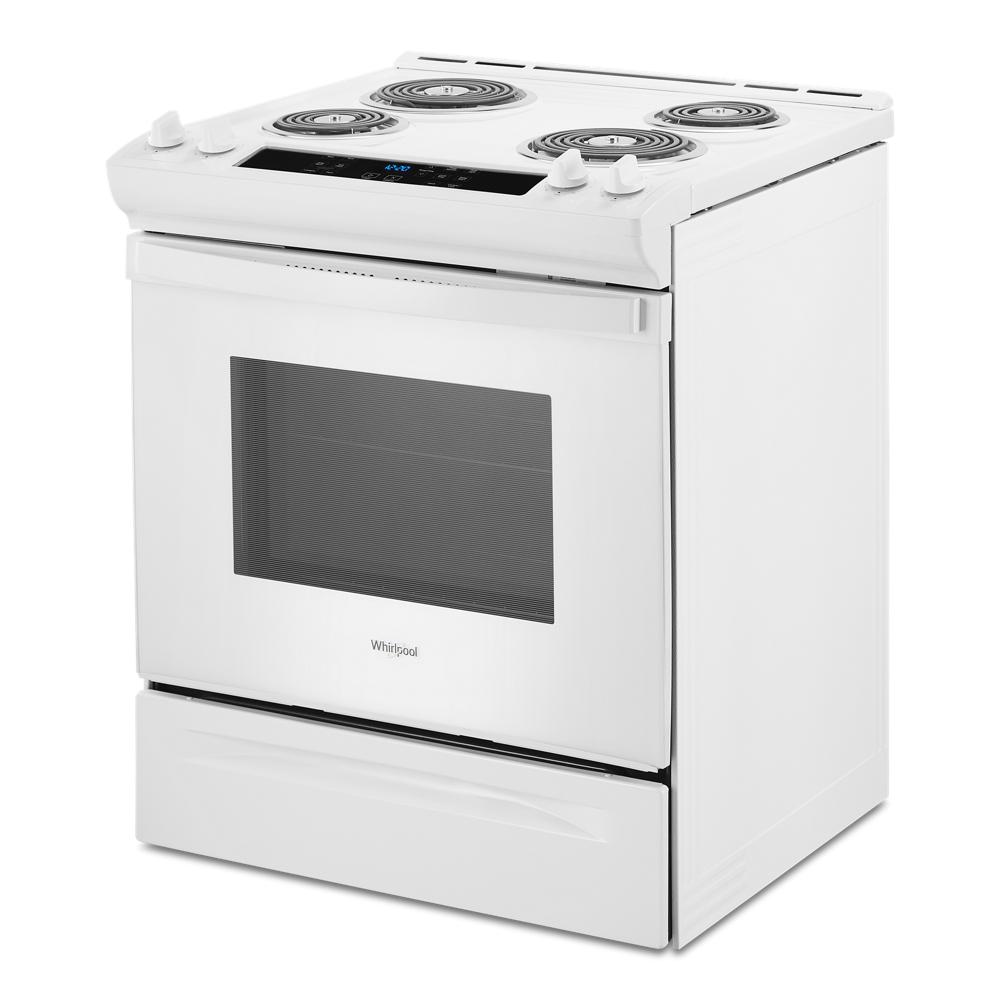 White electric range with coil burners and digital display in kitchen appliances and ranges collection