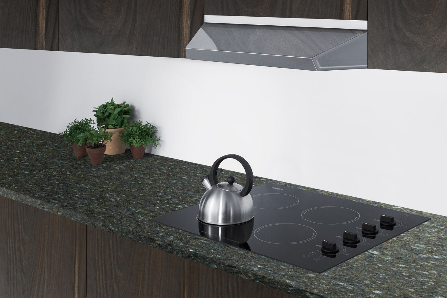 Platinum gray shell hood above black glass cooktop with stainless steel kettle and potted herbs on countertop