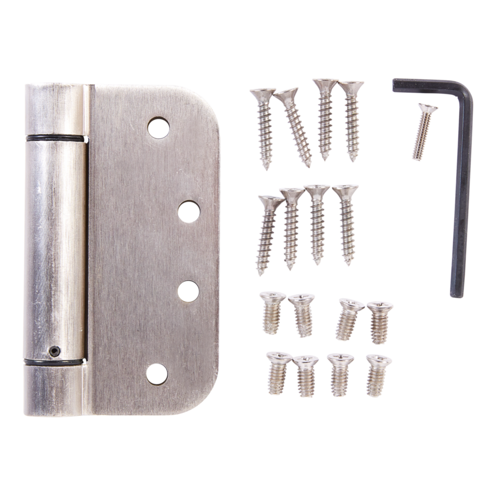 Satin nickel spring door hinge with rounded corners, screws, and hex key for home improvement and tool projects