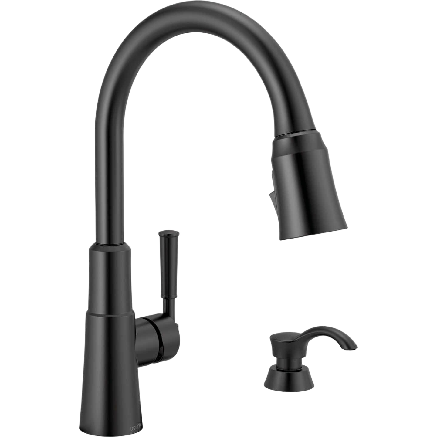 Matte black single-handle pull-down kitchen faucet with matching soap dispenser for modern kitchen remodels.