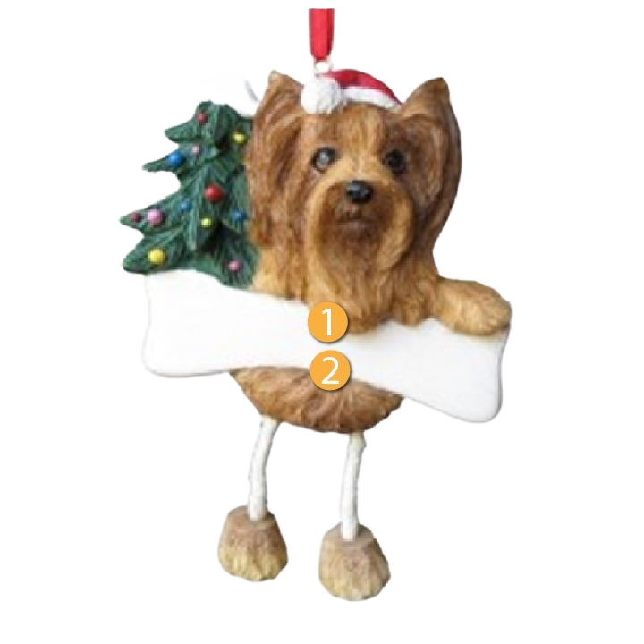 Brown Yorkie dog Christmas ornament with dangling legs and decorated tree for holiday décor collection