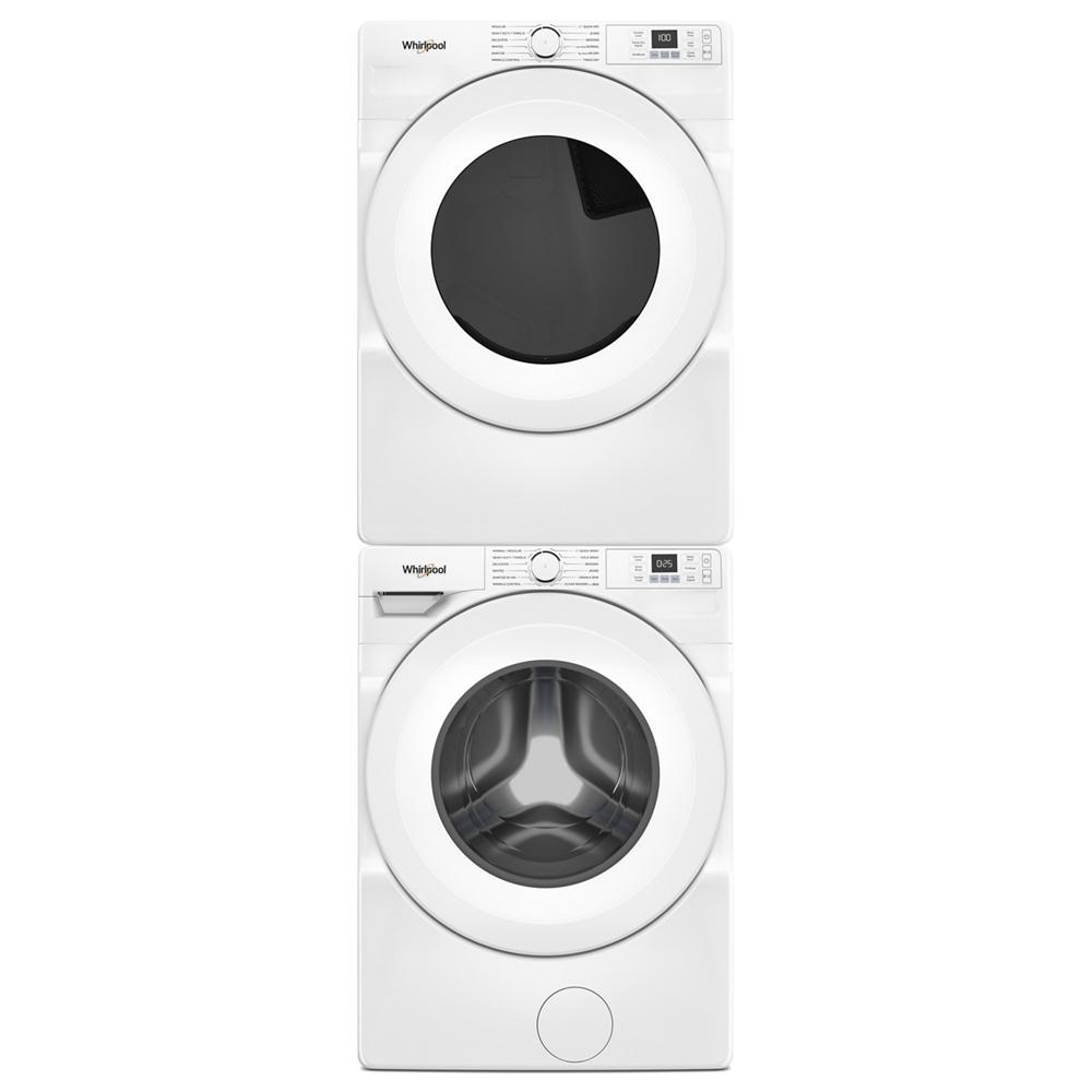 White stacked front load washer and dryer pair with digital and dial controls in appliances and washers collection