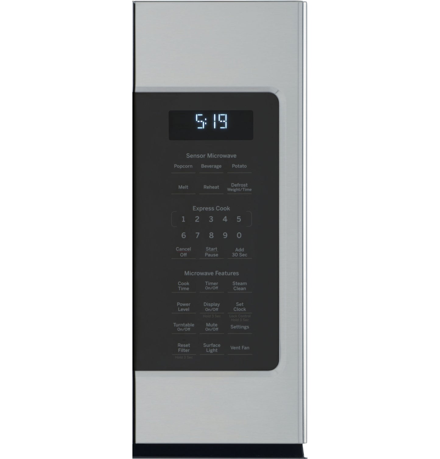 Side view of stainless steel over-the-range microwave control panel with digital display and sensor cooking options