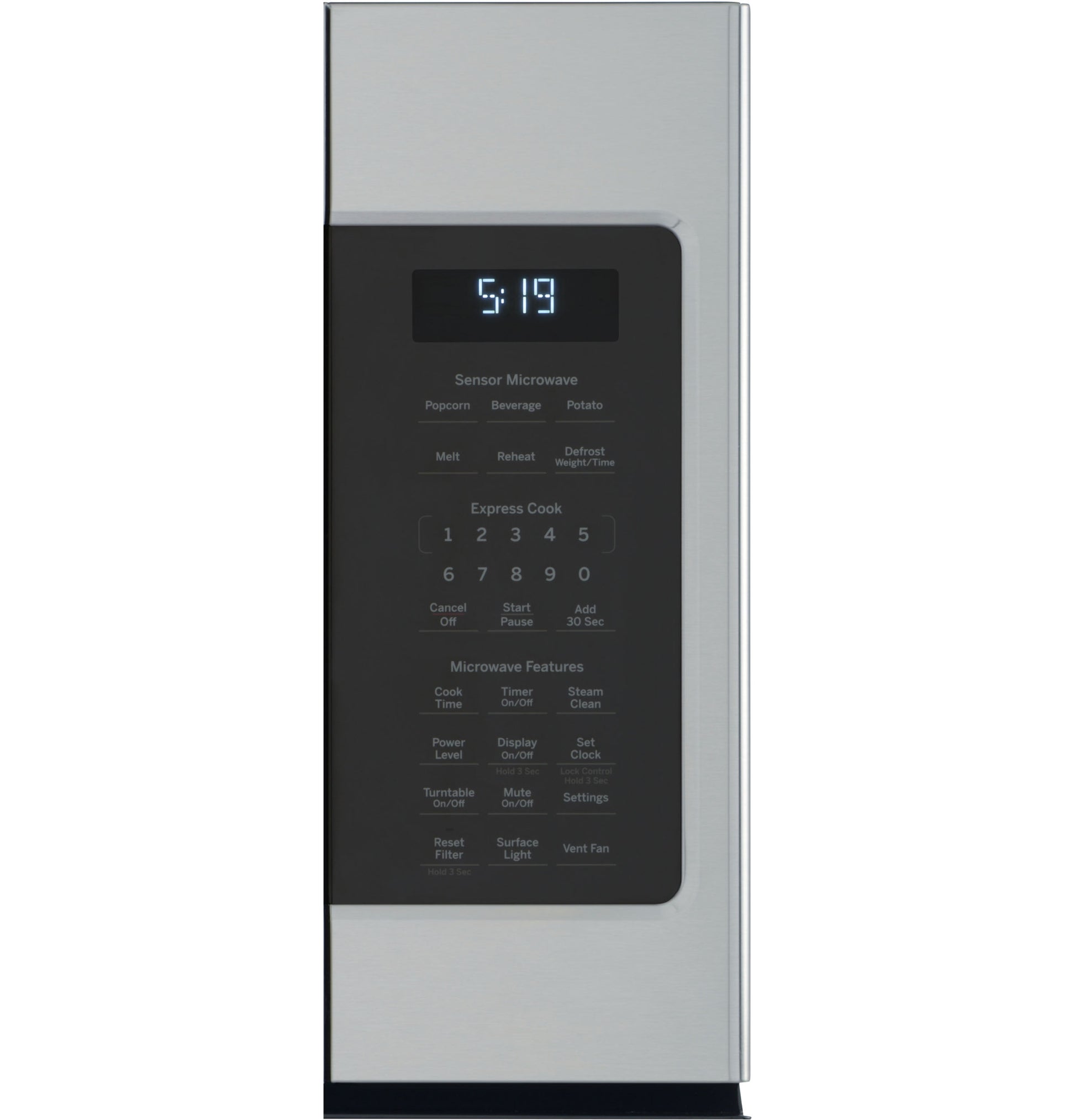 Side view of stainless steel over-the-range microwave control panel with digital display and sensor cooking options