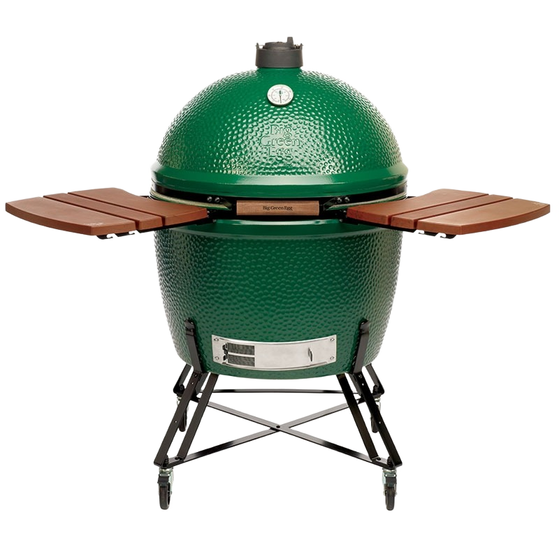Large green ceramic grill with foldable wooden side shelves and metal wheeled stand for outdoor cooking and home improvement use