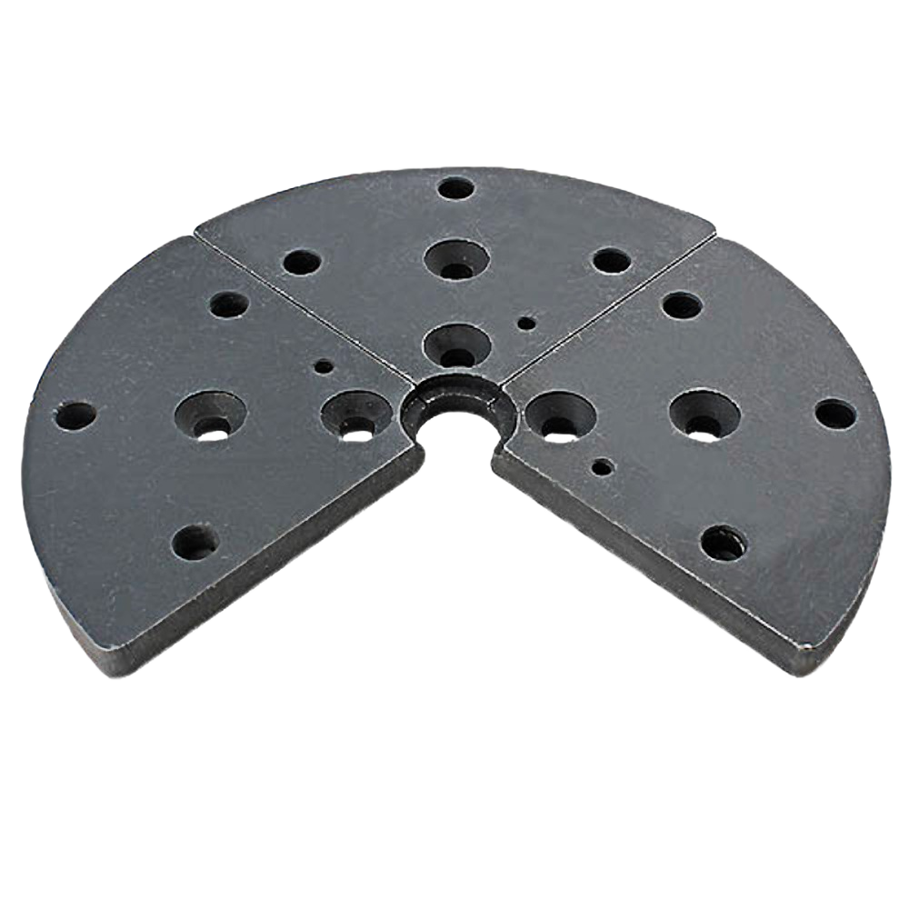 Segmented black flat jaws with multiple mounting holes for versatile woodworking tool setups and custom jaw creation