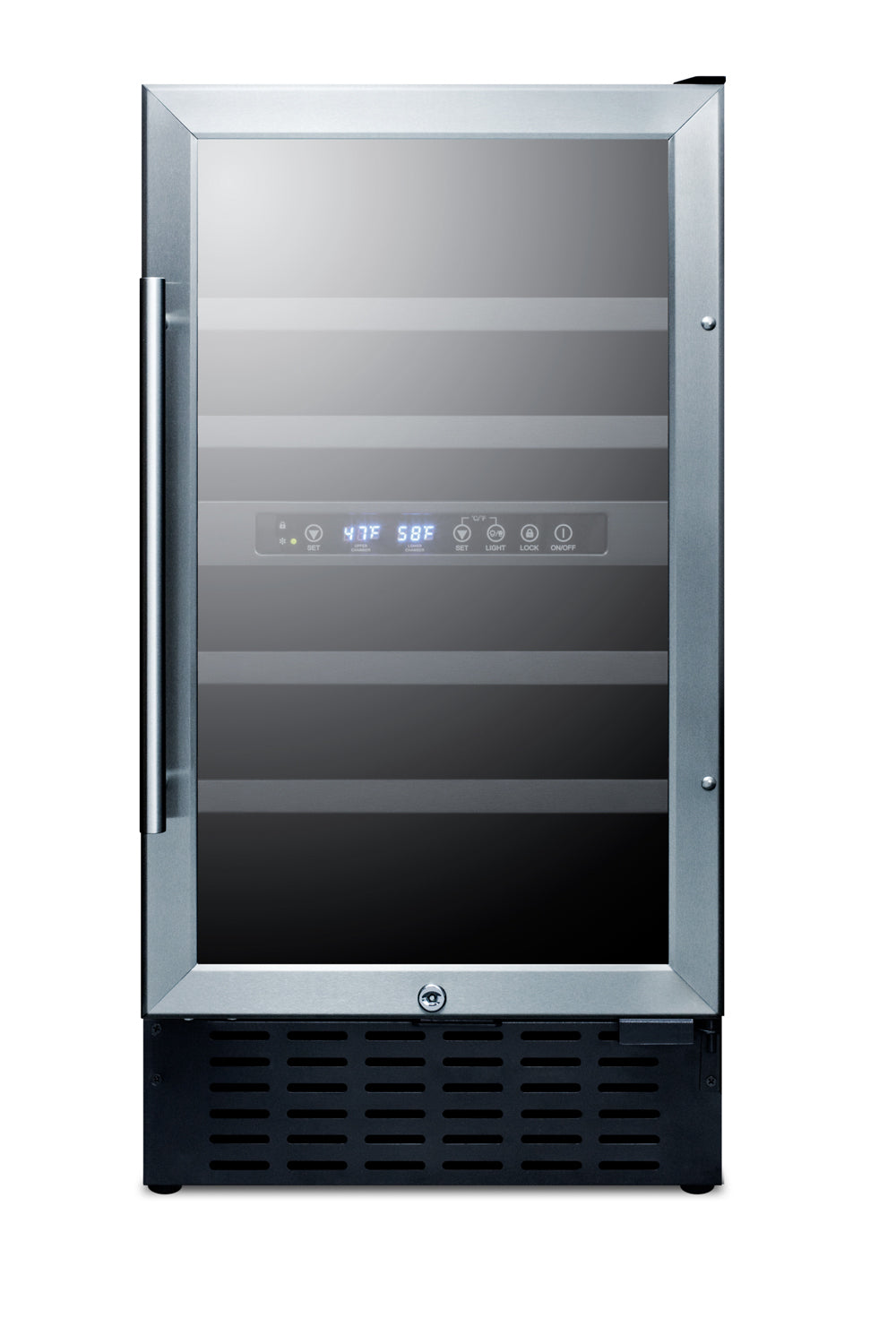 18-inch wide built-in wine cellar with glass door, stainless steel frame, digital controls, in kitchen appliances collection
