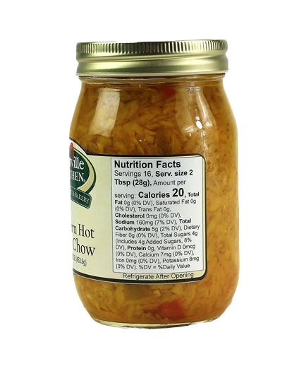 Clear glass jar of Southern Hot Chow Chow preserves with gold metal lid and nutrition facts label visible on side