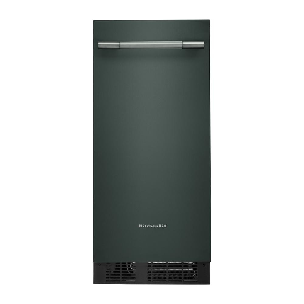 Built-in 15-inch automatic ice maker with dark green finish and silver handle for kitchen appliances collection