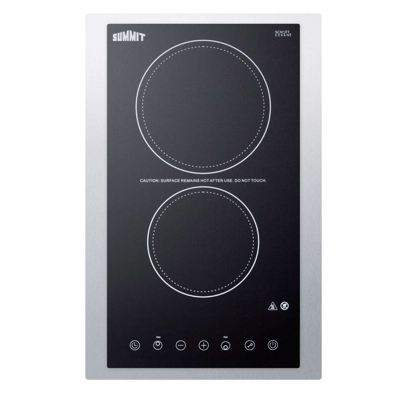 Compact 15-inch 2-burner radiant cooktop with smooth black glass surface and stainless steel trim from kitchen appliances collection