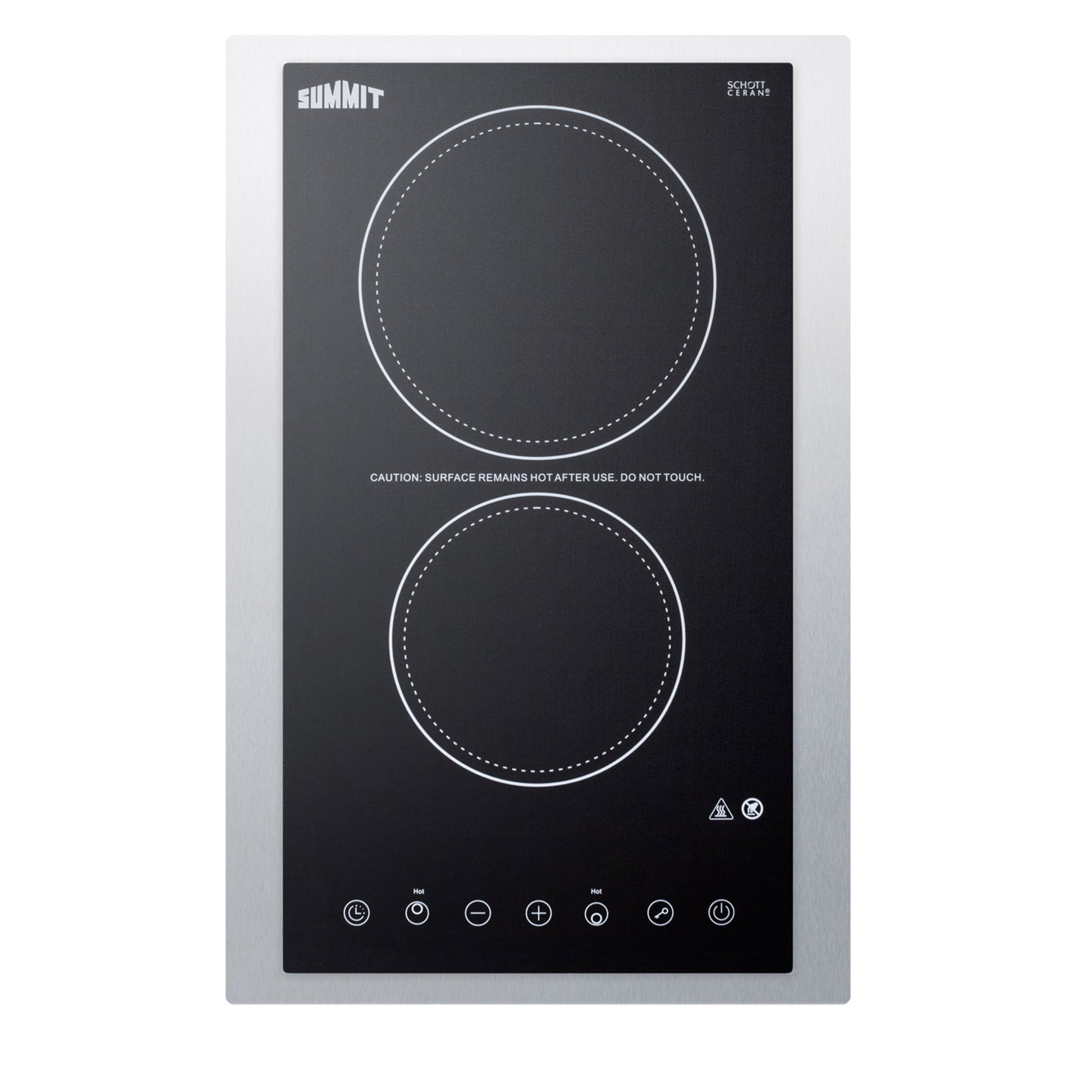 Compact 15-inch 2-burner radiant cooktop with smooth black glass surface and stainless steel trim from kitchen appliances collection
