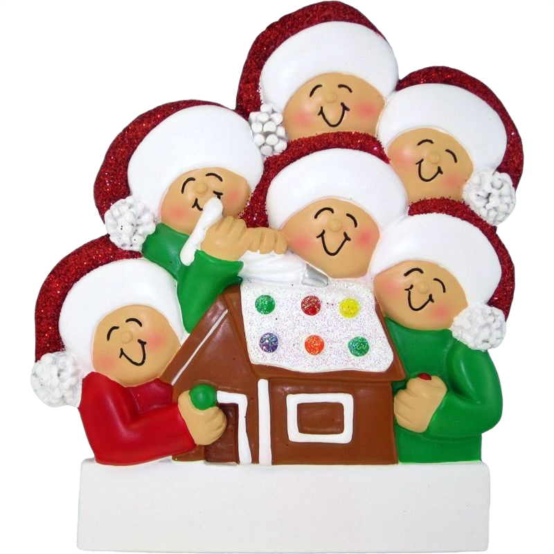 Festive ornament showing six smiling figures in holiday hats building a colorful gingerbread house for Christmas decor under $50