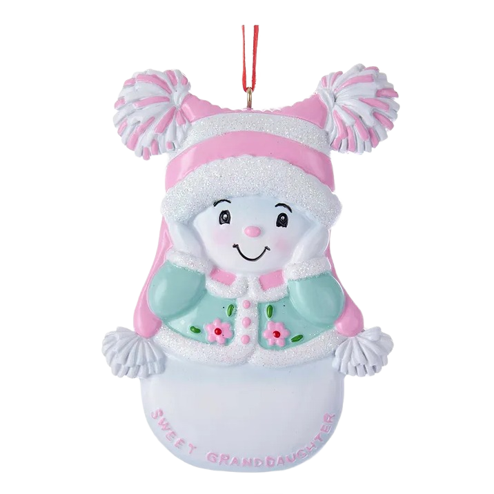Pink and white snow girl ornament with personalized "Sweet Granddaughter" text for Christmas tree decorations under $50 collections