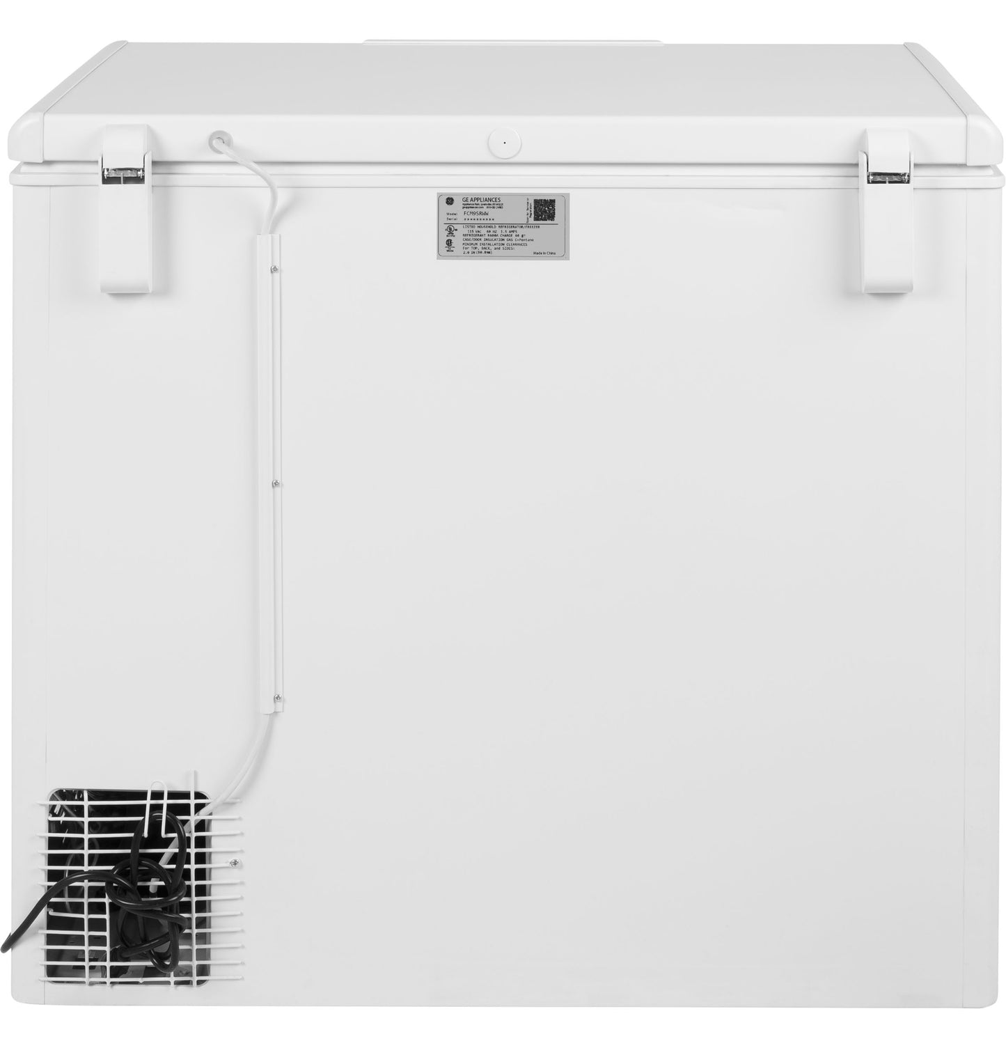 Back view of a white manual defrost chest freezer with secured lid and ventilation grill for appliances collection.