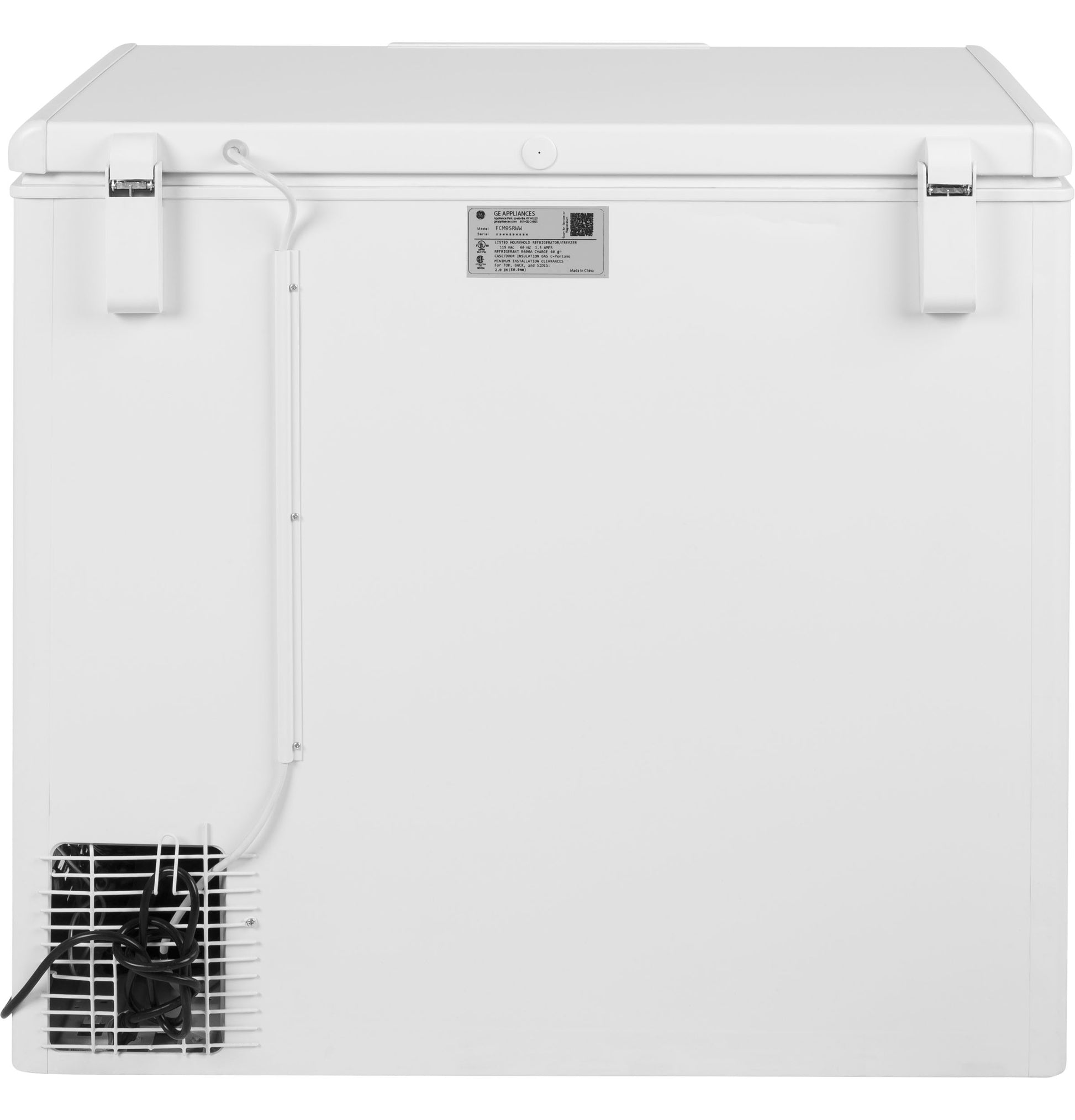 Back view of a white manual defrost chest freezer with secured lid and ventilation grill for appliances collection.