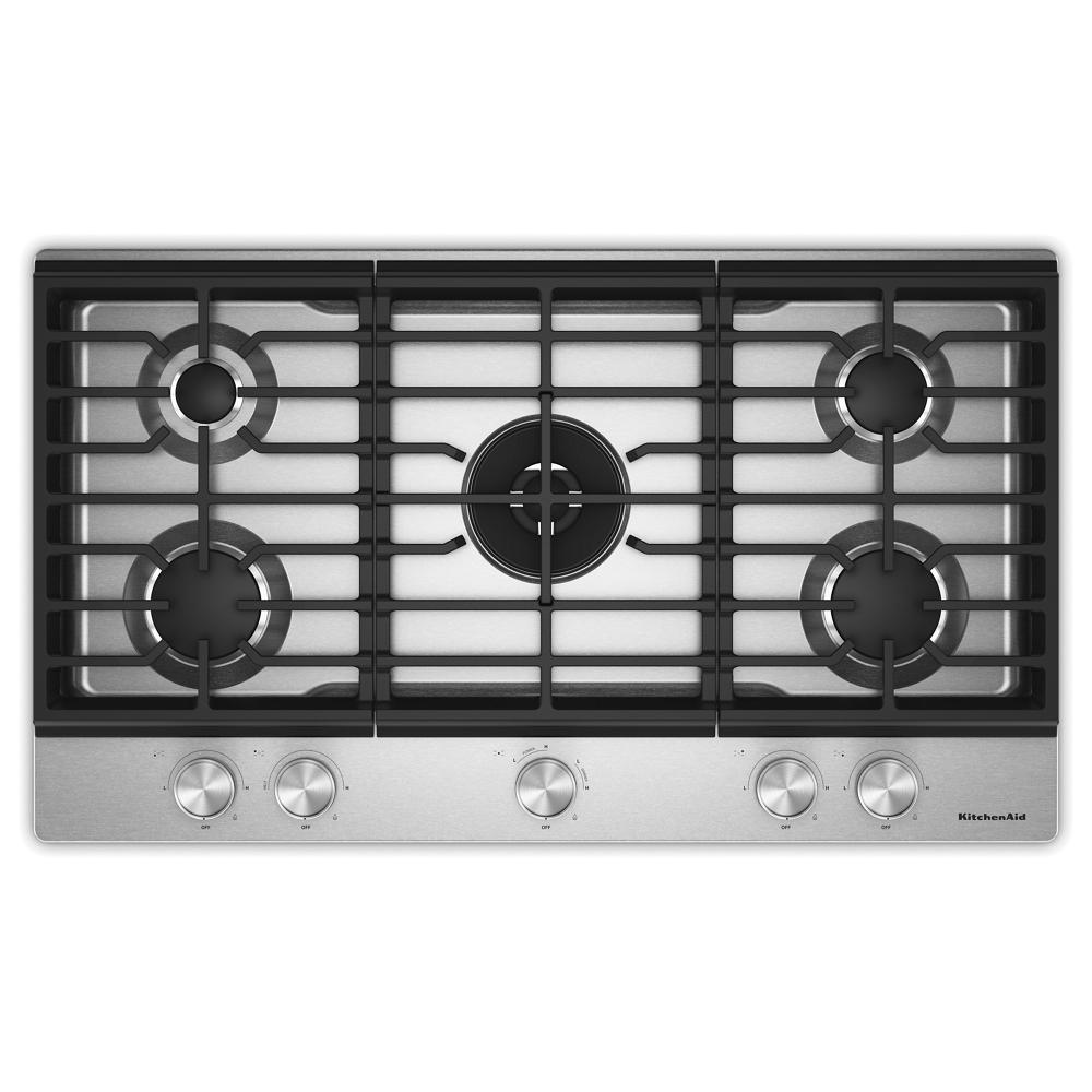 Top perspective of a stainless steel gas cooktop with five burners, integrated wok grate, and metal control knobs, part of Cooktops, Gas Cooktops, Kitchen & Kitchenware, All Products, KitchenAid, Appliances, and Ranges & Cooktops collections.