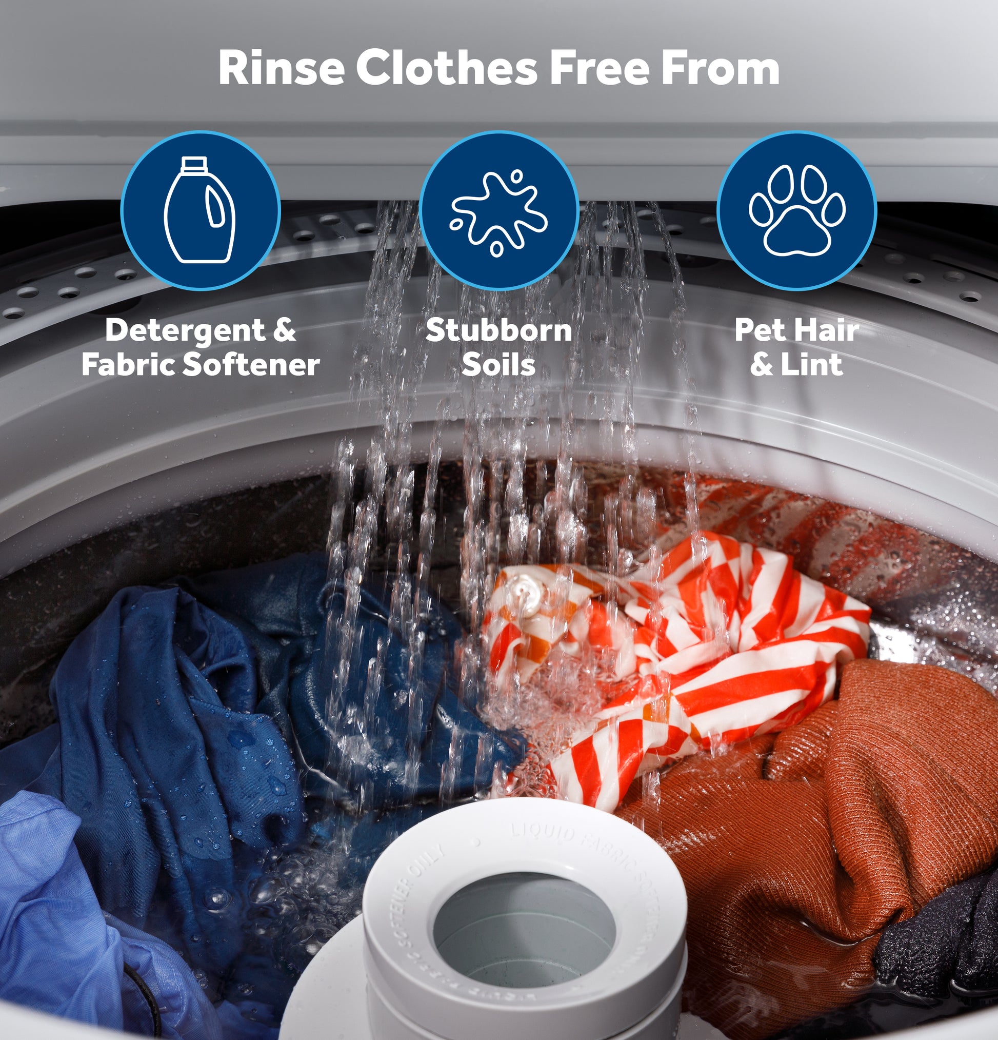 Top load washer tub filled with wet clothes and water rinsing away detergent, soils, and pet hair in laundry appliance setting