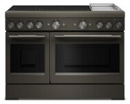 48-inch freestanding commercial-style induction range with six elements and built-in griddle in dark finish for kitchen improvement