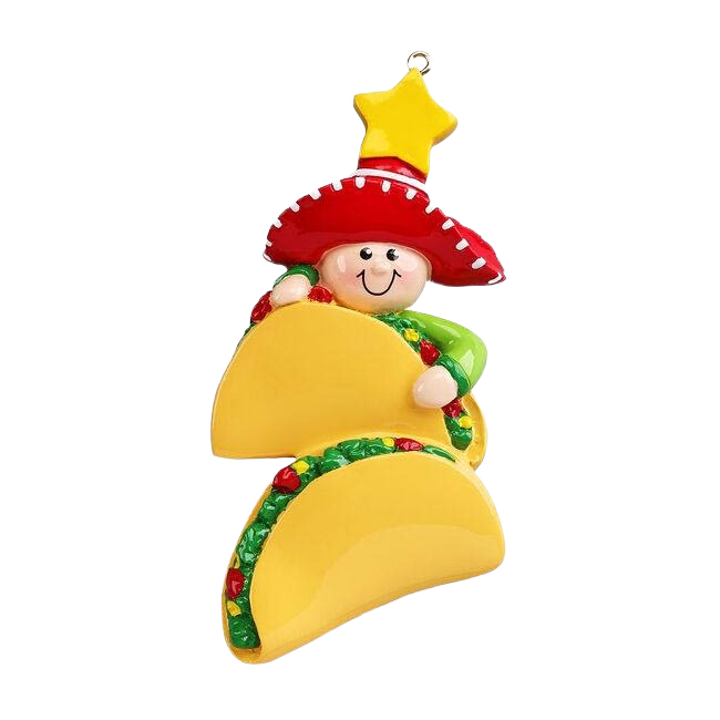 Whimsical festive ornament with smiling figure in red hat hugging two tacos topped with bright yellow star under $50 Christmas decor