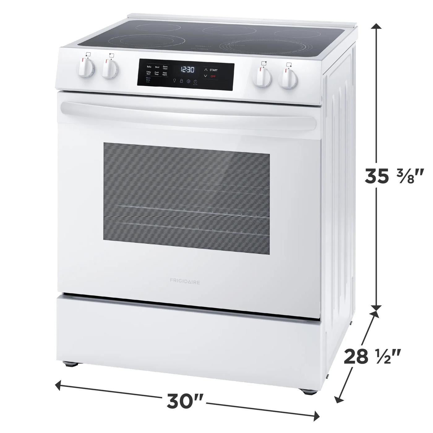 White front control electric range with smooth cooktop, digital display, and large oven window for kitchen appliances.