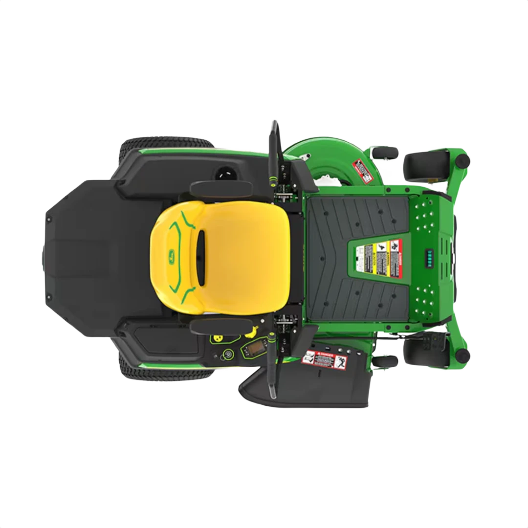 Top view of green and yellow John Deere electric mower with 42-inch cutting deck and ergonomic controls for lawn care