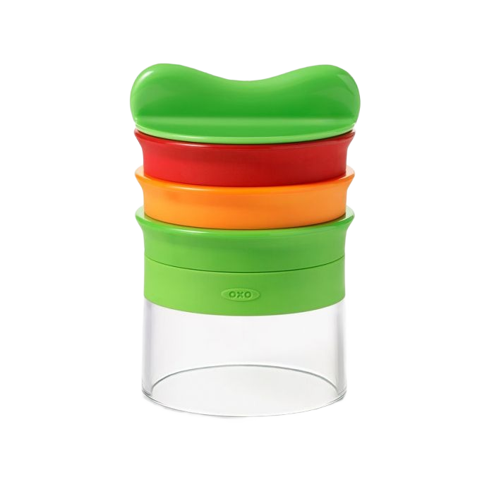 Stacked handheld spiralizer with green, red, and orange components for easy vegetable preparation in kitchen gadgets collections