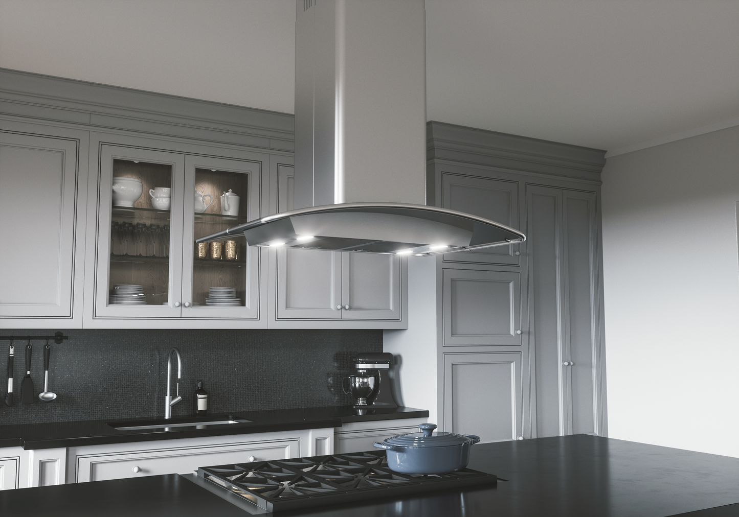 Modern island range hood with LED lights and stainless steel finish in a contemporary kitchen setting