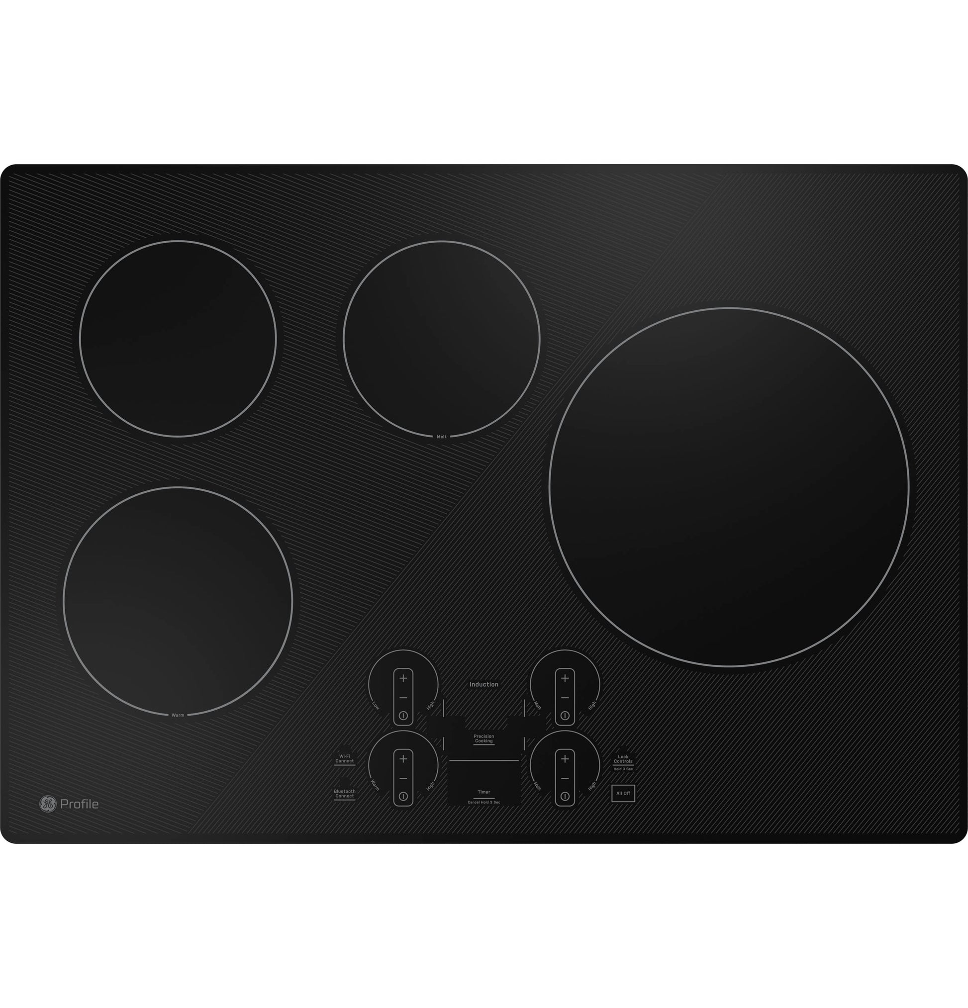 Black built-in induction cooktop with four cooking zones and touch controls from Induction Cooktops and Appliances collections