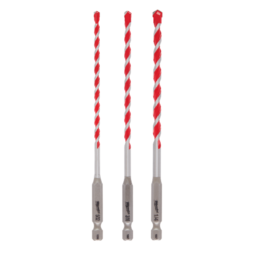 Set of three carbide-tipped hammer drill bits with red spiral flutes for concrete and masonry drilling tasks