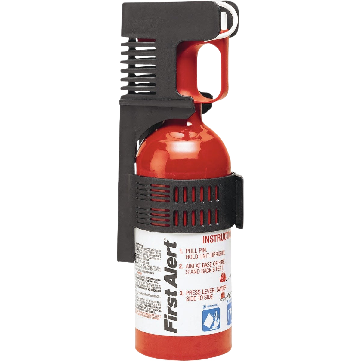 Compact red fire extinguisher with black mounting bracket for fire safety and home improvement collections