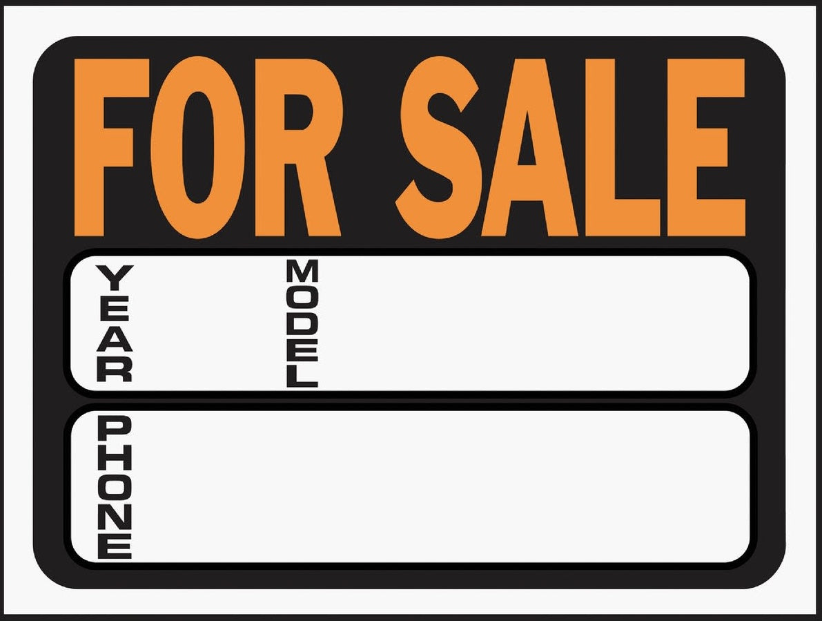Plastic "For Sale" sign in fluorescent orange and black with blank white spaces for year, model, and phone details.