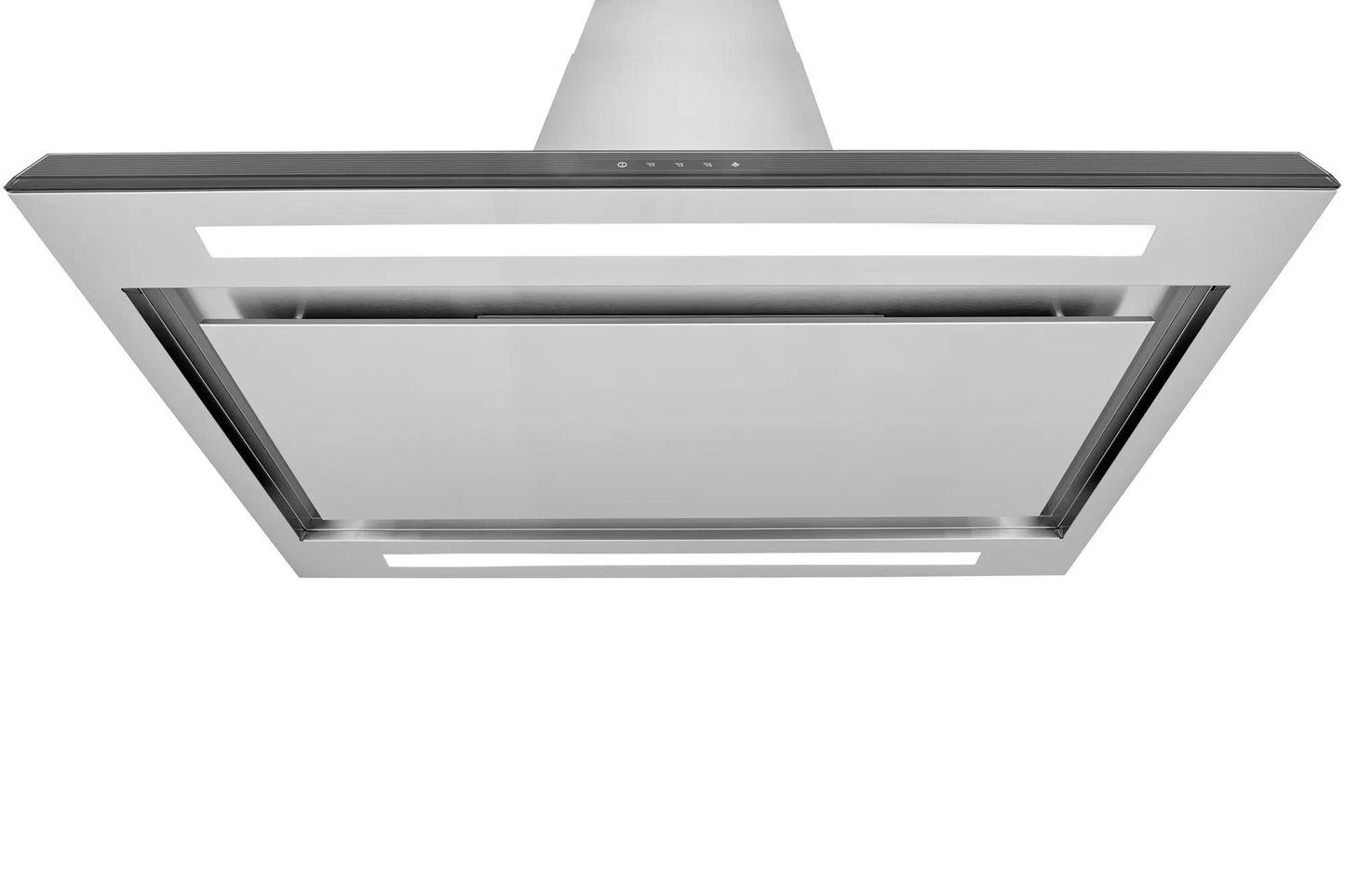 Contemporary stainless steel island-mount range hood with perimeter venting and integrated soft LED lighting in Appliances collection