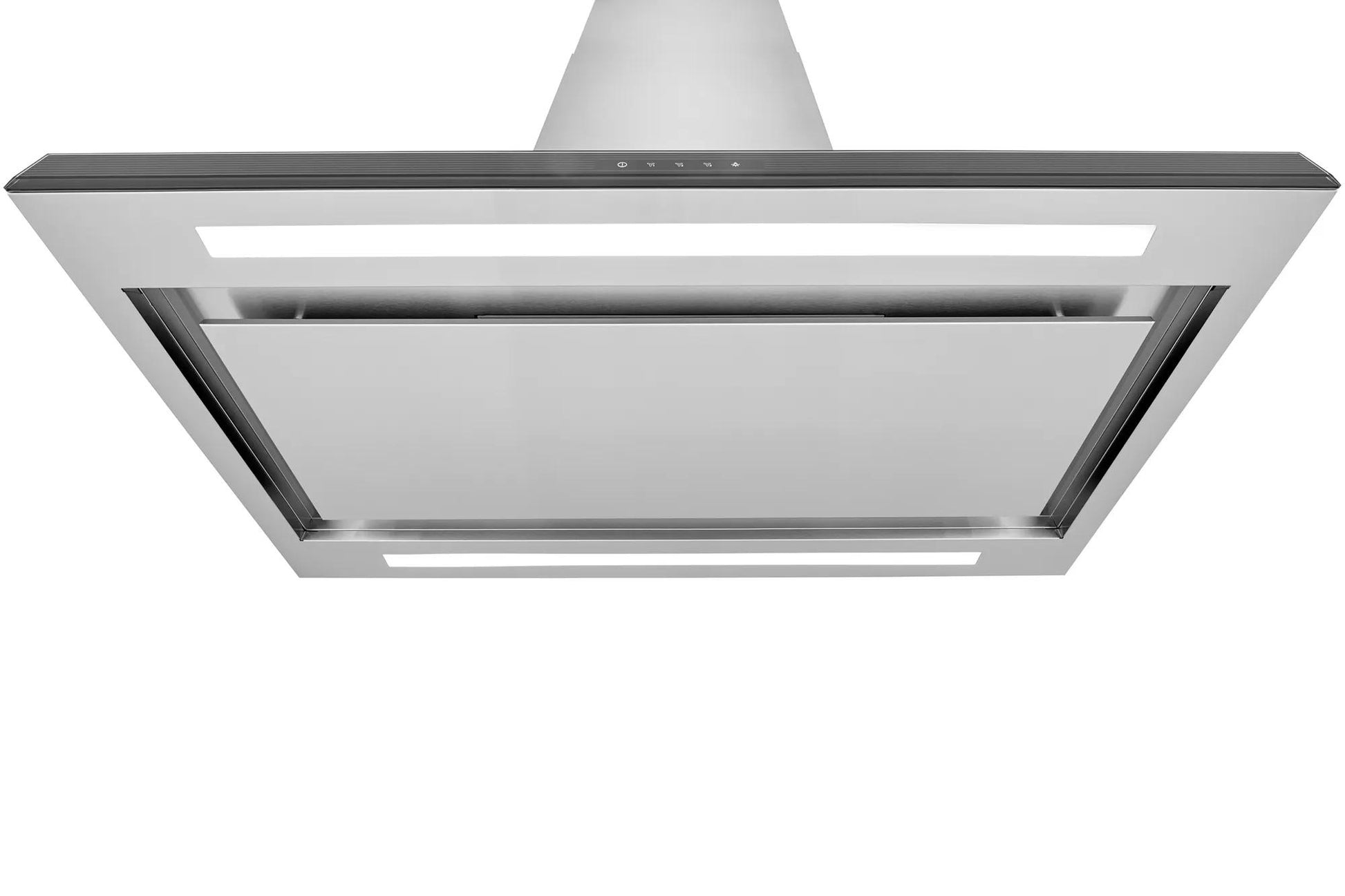 Contemporary stainless steel island-mount range hood with perimeter venting and integrated soft LED lighting in Appliances collection