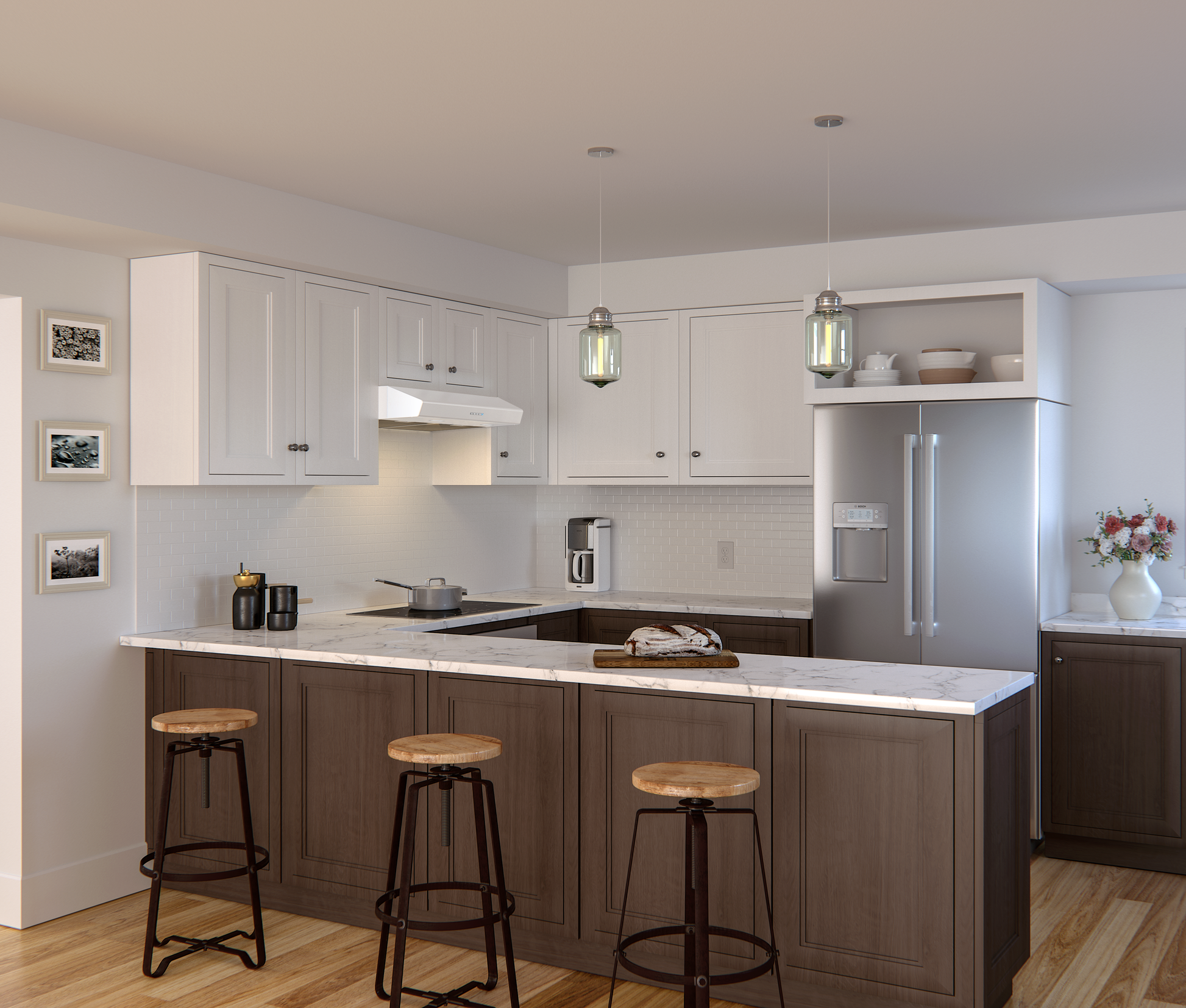 White under-cabinet range hood with LED lighting and electronic controls installed above a stove in a modern kitchen, featured in Range Hoods and Kitchen & Kitchenware collections.
