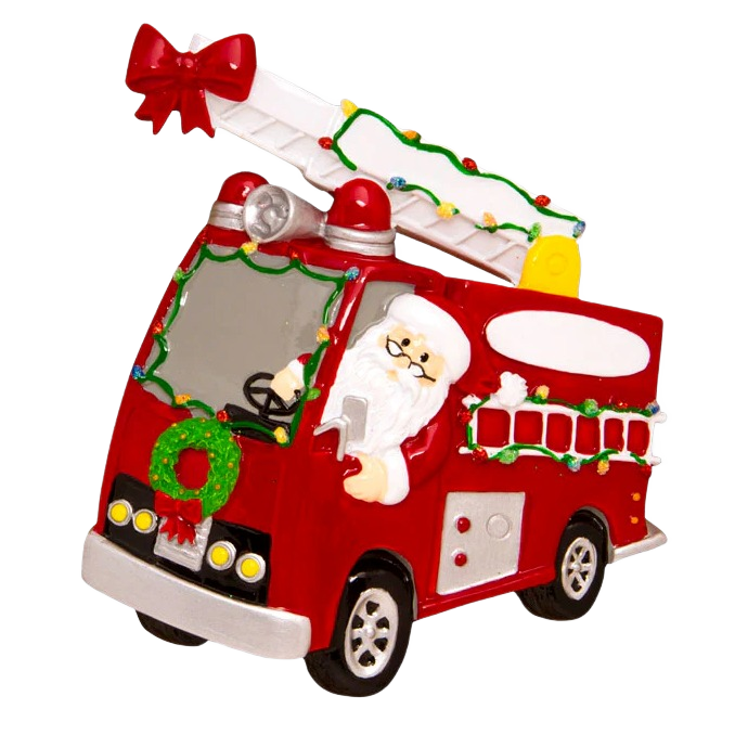 Red fire truck ornament decorated with Christmas wreath and Santa Claus driving, holiday decor under $50 collection