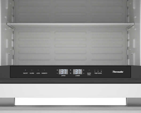 Control panel close-up of stainless steel Thermador under counter refrigerator with digital temperature displays from Refrigerators collection