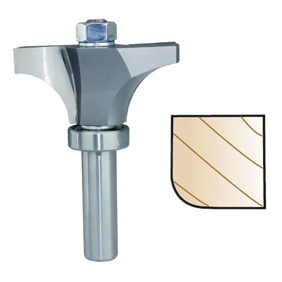 Steel rounding under router bit with shank-mounted bearing for smooth edge finishing in tool accessories collection