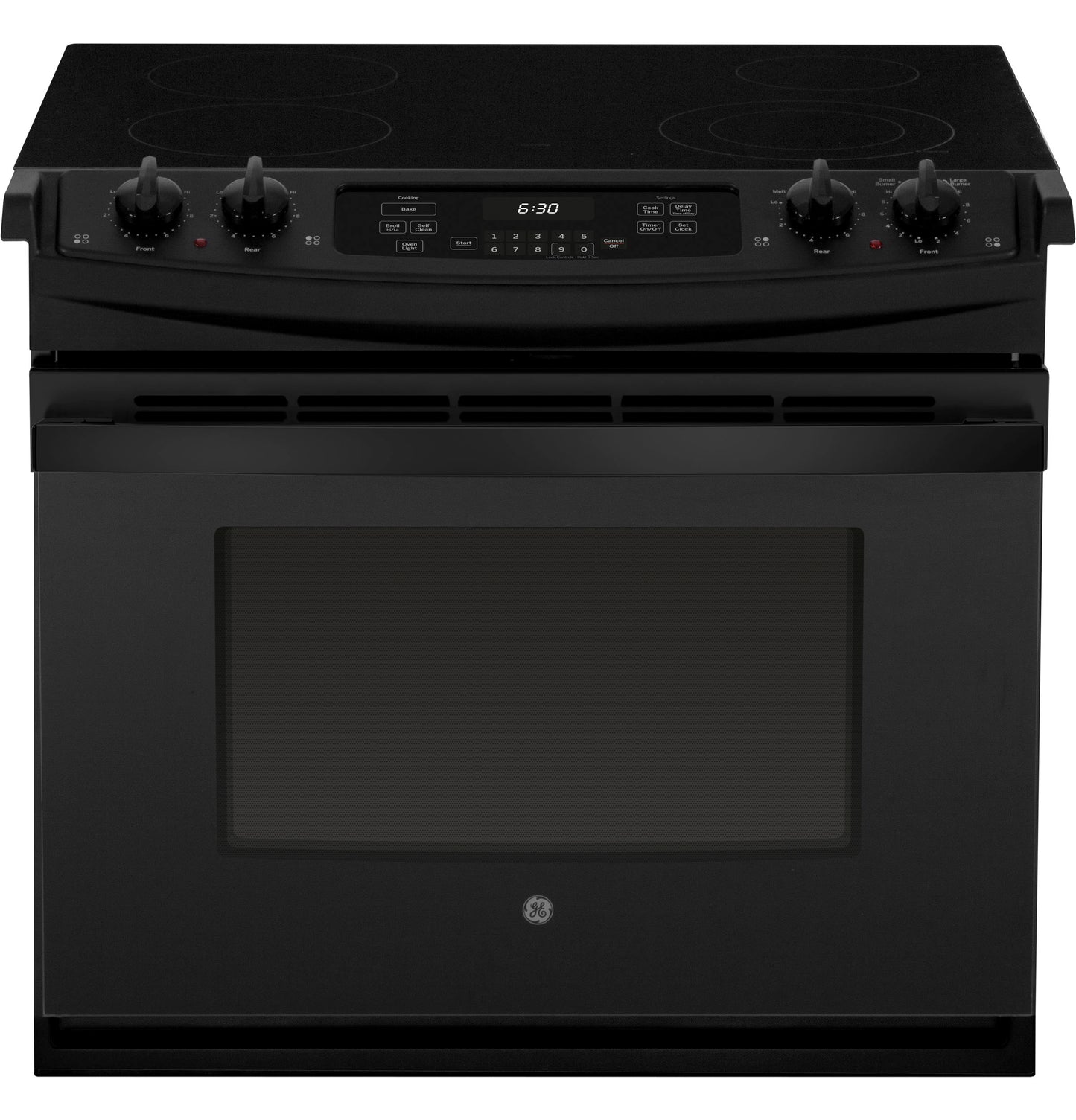 Black electric drop-in range with smooth cooktop, control knobs, digital timer, and large oven window in kitchen appliances collection