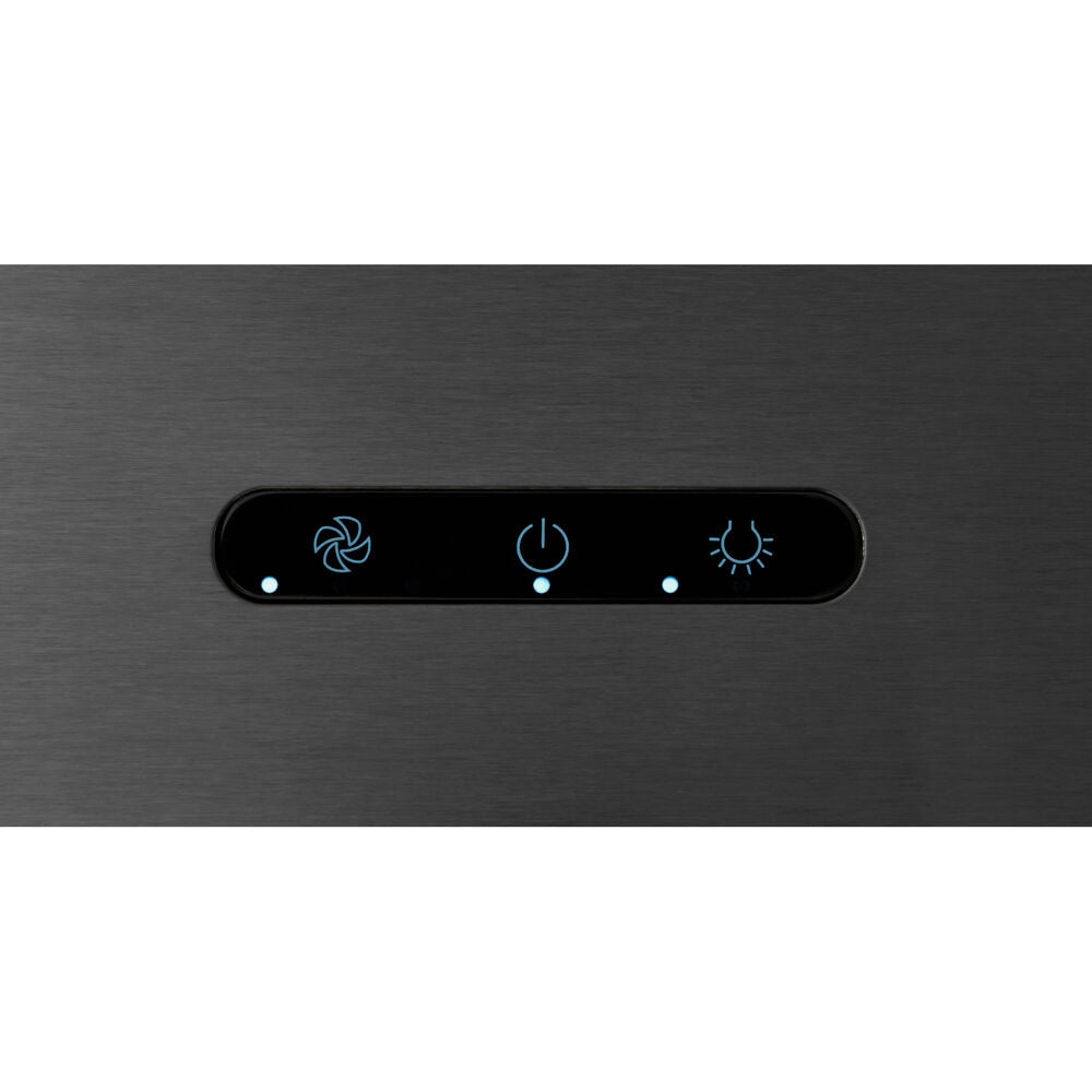 Close-up of black control panel with illuminated blue icons for fan, power, and light on kitchen range hood